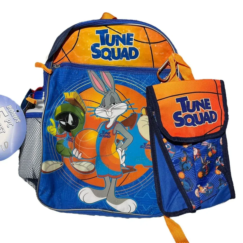 Looney Tunes Backpack 16” Blue‎ Space Jam 5pc Lunch Snack Bag Bottle Tune Squad